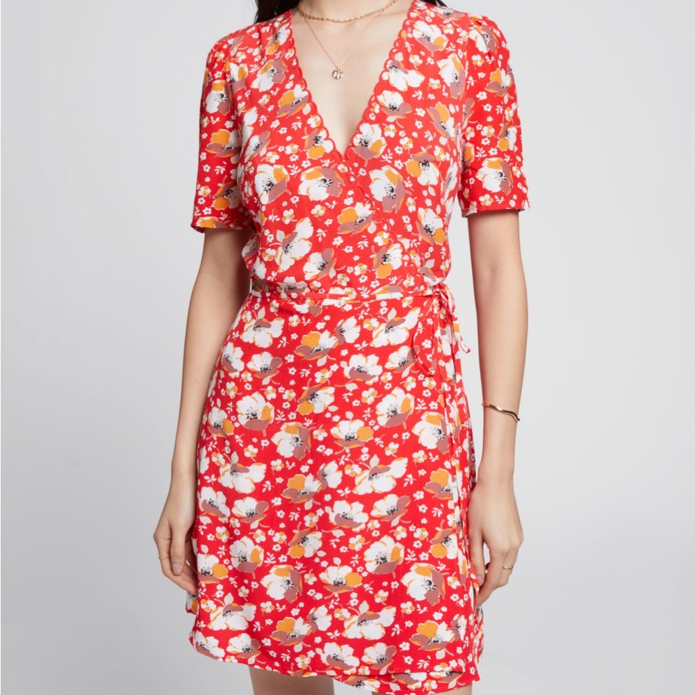 & Other Stories Red Floral Summer Printed Scallop Wrap Mini Dress Sz. 4 NWOT